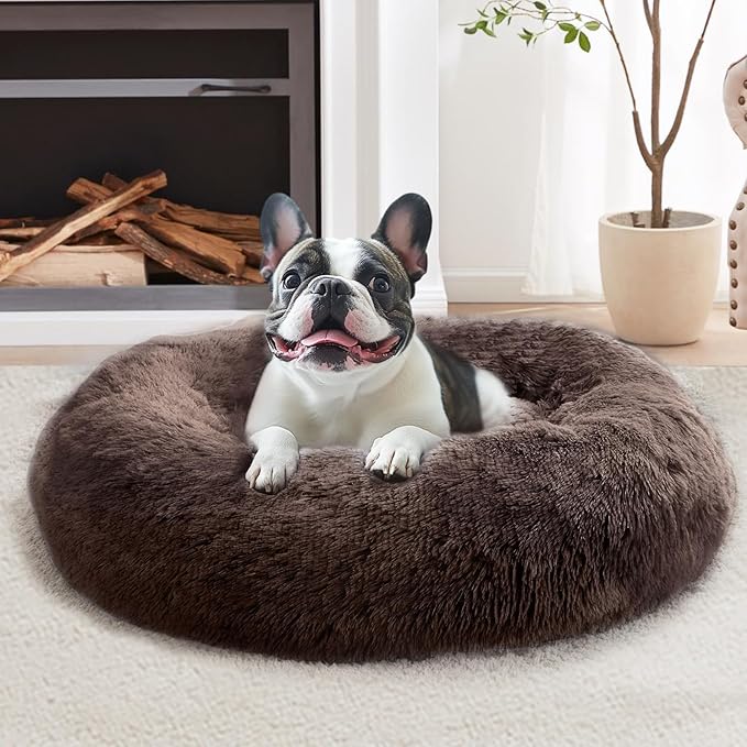 JOLLYVOGUE Calming Dog Beds Large Sized Dog, 36in Donut Washable Large Pet Bed, Anti-Slip & Anti-Anxiety Fluffy Faux Fur Round Dogs Bed, Fits up to 80 lbs Pets （Chocolate）