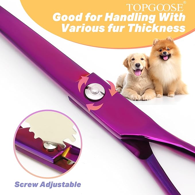 TOPGOOSE 7.5" Dog Grooming Scissor - Professional Down-curved Shear with Ergonomic Handle Japanese Stainless Steel Hair Scissor for Dogs, Cats and Other Pets, Sharp (Curved, Purple)