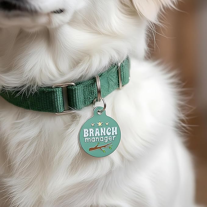 Bad Tags Personalized Dog & Cat ID Tags - Choose from 25+ Tag Designs - Free 5 Lines Custom Engraved - Unique, Cute, Funny, Sassy Pet Tag (Branch Manager, Small (1 inch))