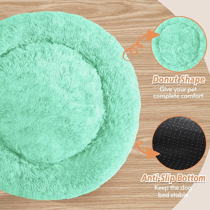 JOLLYVOGUE Calming Dog Bed Medium Size Dog, Anti-Anxiety Donut Medium Pet Bed, 27 inches Fluffy Faux Fur Round Cat Bed (Mint Green)