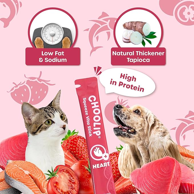 Choolip Squeeze Vita Stick Lickable Cat and Dog Treats, 49-Count Heart Support Variety Pack, Salmon and Tuna with CoQ10, L-Carnitine and Taurine