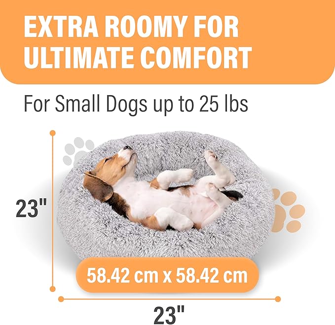 Active Pets Premium Small Donut Dog Bed, Fits Up to 45 lbs, Removable Cover & Washable Cushion, Plush Long Pile Faux Fur Fabric, Portable Light Grey Pet Bed Furniture for Puppies Adult Canines & Cats
