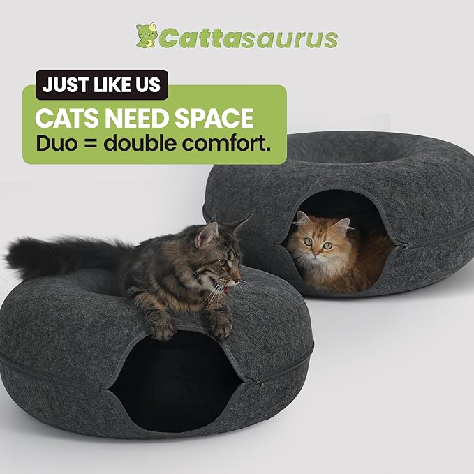 Cattasaurus Peekaboo Cat Cave Duo Jumbo Set, Extra Spacious Cat Donut for Multiple & Large Kitty 15+ lbs, Scratch Detachable Cat Beds for Indoor Cats, Washable Cat Tunnel Bed, Best Kitten Toys