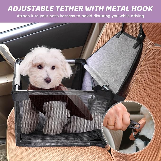 Small Dog Car Seat - Portable Puppy/Pet Booster Seat with Clip-On Leash and Mesh Window for Small Pets Up to 11 lbs