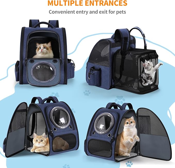 Bubble Cat Backpack Carrier, Expandable Cat Carrier Backpack,Breathable Pet Backpack for Medium Cat,Kitten and Small Puppy, Large Space,Portable Bags Foldable Dog Backpack for Traveling,Hiking (Blue)