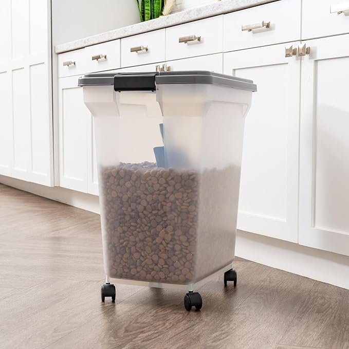 IRIS USA Dog Food Storage Container 40 lbs, Attachable Wheels, & Included Scoop, for Dog Cat Birds and other Pets, Food Storage Bin, Keep Fresh, Easy Mobility, BPA Free - Made in the USA, Dark Gray