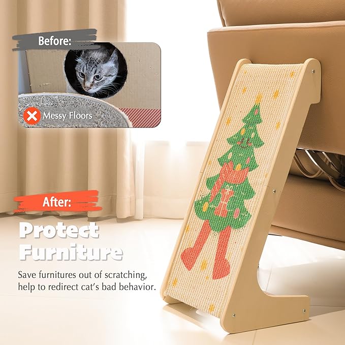 PETKARAY L Shape Cat Scratcher, Sisal Kitty Scratching Ramp, Vertical Scratch Pad for Indoor Cats, 25.2" Furniture Protector with Catnip for Christmas