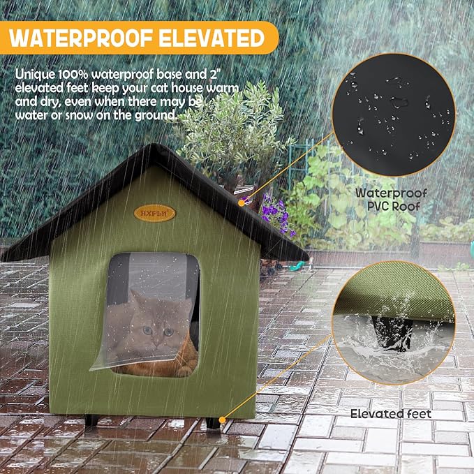 Heated Cat Houses for Outdoor Cats - Elevated Weatherproof Insulated Heated Outdoor Cat House for Winter - Feral Cat Shelter for Outside Cats - Outdoor Heated Cat House (Green)