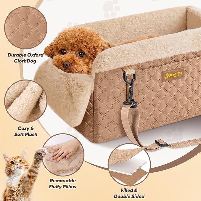 QUMY Dog Car Seats for Small Dogs Up to 11lbs, Portable Center Console Dog Booster Seat, Multi-Purpose Puppy CarSeat with Adjustable Safety Belt, Travel Pet Car Carriers for Small Dogs and Cat, Khaki