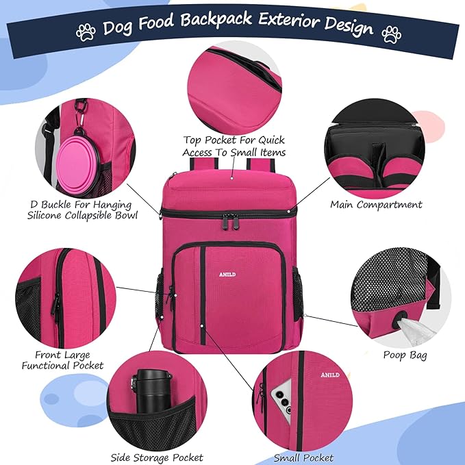 ANILD Dog Travel Backpack - Airline Approved Double-layer Pet Travel Bag Accessories with 2 Food Storage Bag and 2 Foldable Silicone Bowls for Hiking & Camping