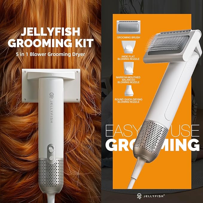 2 in 1 Grooming Kit for Pet-Dog Hair Dryer & Professional Grooming Brush for Frizzy Dog Hair Styling-1.21lb Lightweight Handhold Portable High Velocity Force Blower+4 Replacement Nozzle at Home Travel