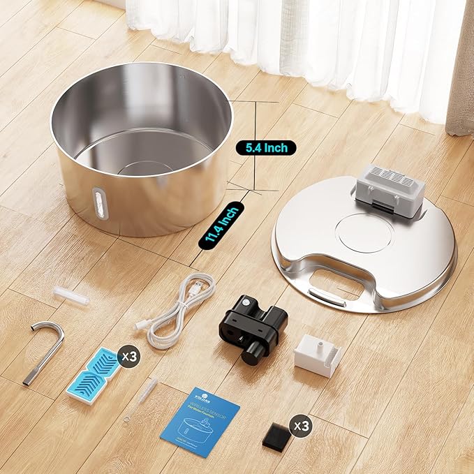 Dog Water Fountain,Wireless Stainless Steel Dog Fountain for Small to Large Dogs,1.8Gal/7L Battery Operated Cat Water Fountain,Water Level Window,Quiet Pump,Multi-Filtration,Easy Clean,3 Filter