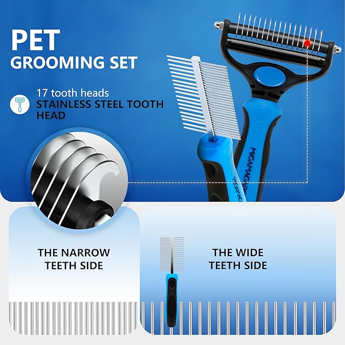 Cat Shedding Brush, Deshedding Brush for Long Haired Cats, Pet Grooming Tools 2 in 1 Undercoat Rake with Detangling Comb-Small