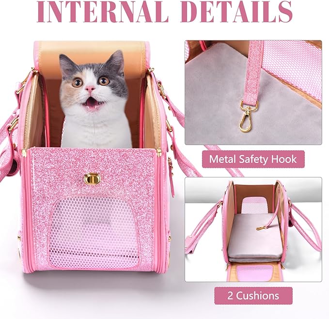 PetsHome Dog Carrier Purse, Pet Carrier, Bling Waterproof Premium Leather Pet Travel Portable Bag Carrier for Cat and Small Dog Home & Outdoor Small Bling Pink