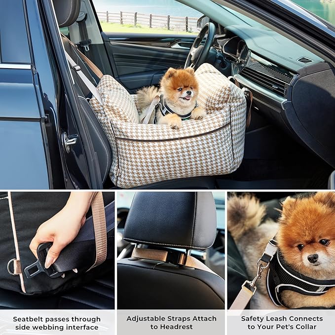 Dog Car Seat for Small Dogs - Waterproof Pet Booster Seat for Car with Clip-On Safety Leash, Soft Travel Carrier for Puppy up to 25 lbs, Memory Foam Filling & 2 Adjustable Buckles Houndstooth
