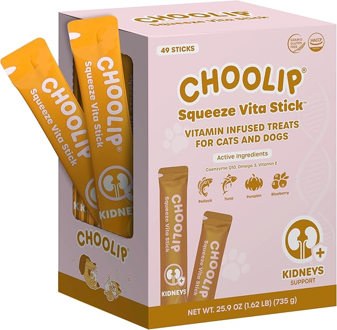 Choolip Squeeze Vita Stick Lickable Cat and Dog Treats, 49-Count Kidney Support Variety Pack, Tuna and Pollack with Cranberry, CoQ10 and Omega-3