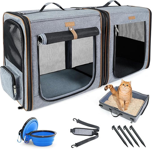 Lekereise 2-in-1 Cat Travel Carrier with Litter Box, (20.85" x2) x19.7"x19.7" Large Cat Carrier with Zipper Locks for Moving Across The Country (No Hammock) - Grey