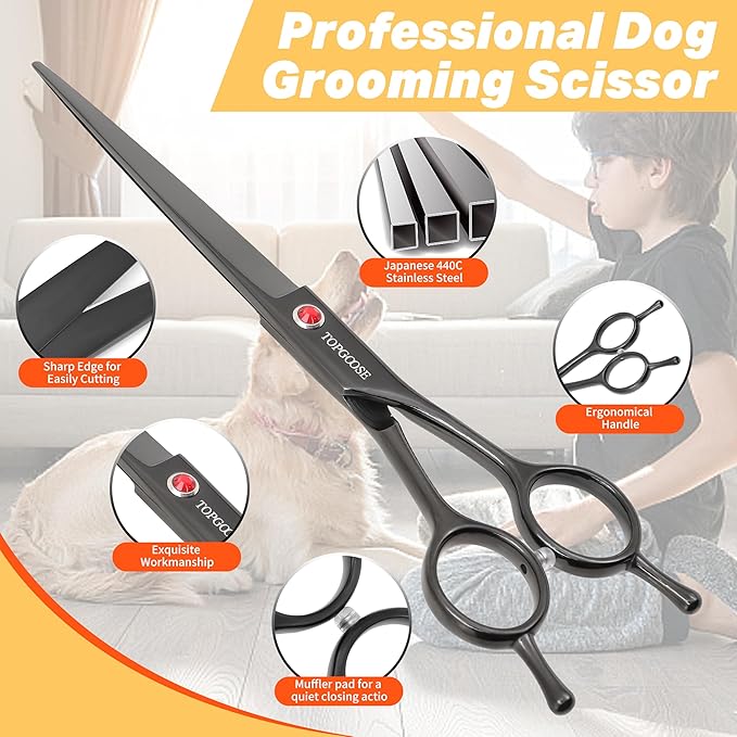 TOPGOOSE 7.5'' Dog Straight Scissors for Grooming 440C Stainless Steel Professional Pet Trimming Scissors Sharp Blades Cutting for Dogs and Cats Shears (Straight, Black)