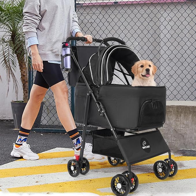 3 in 1 Pet Dog Stroller for Small Medium Dogs 10-50 lbs, Foldable Cat-Strollers for 2-Cats with Removable Carrier, Pet-Strollers for Cats with Storage Bag, Small Puppy-Stroller, Dog-Cart (Black)