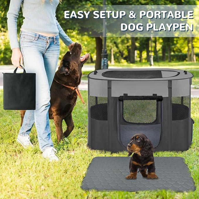 Pet Dog Cat Playpen with Waterproof Pad,Portable Puppy Kitten Rabbit Crate and Other Small Animals Kennel Cage Tent for Indoor Outdoor Travel Camping,Water-Resistant Breathable Shade Cover (Grey S)