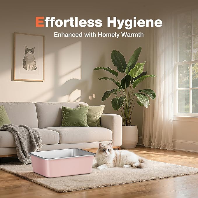 Stainless Steel Litter Box, Large Metal Cat Litter Box with High Sided for Big and Small Cats, Non-Stick, Easy to Clean, Odor-Free, 17.5" L×13.6" W×5.9" H, Blush Pink