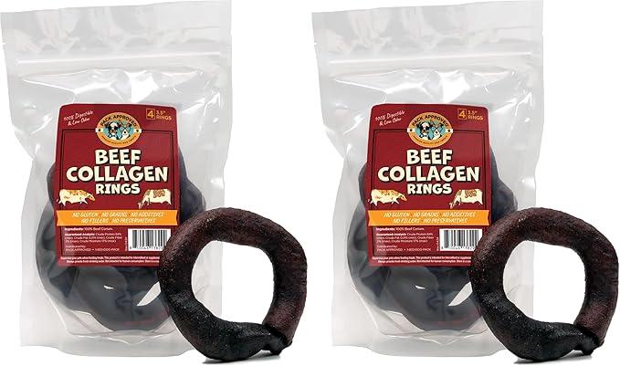 Beef Collagen Chews - Rawhide Free, Long Lasting - 100% Beef Corium, Single Ingredient Dog Treat - Puppy Teething Rings, Natural - 3.5" Rings, Pack of 8