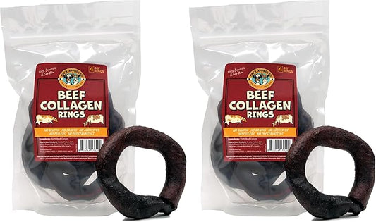 Beef Collagen Chews - Rawhide Free, Long Lasting - 100% Beef Corium, Single Ingredient Dog Treat - Puppy Teething Rings, Natural - 3.5" Rings, Pack of 8