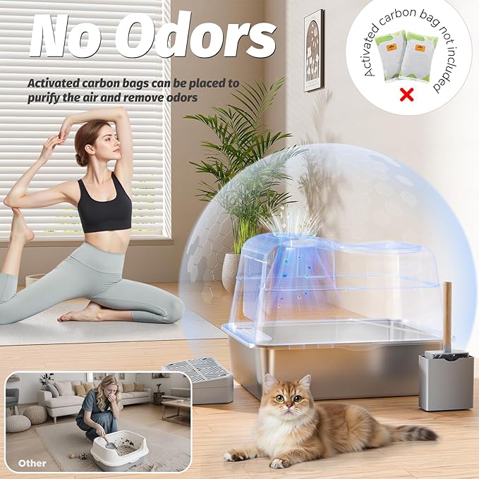 Shikha Stainless Steel Cat Litter Box with 110° Flip-Top Lid -XXL Top Entry Enclosed Litter Box for Large Cats with Deodorization Box, Odor-Free, Non-Sticky, Anti-Leak, Removable Lid for Easy Cleaning