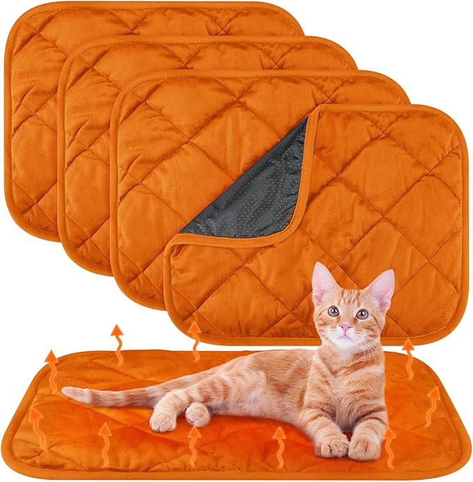 4 Pack Self Heating Cat Pad Self Warming Dog Mat Reflects Body Heat Extra Warm Thermal Pet Pad Washable Dog Cat Bed Crate Bed Mat Blanket(Orange,16 x 20 Inch)