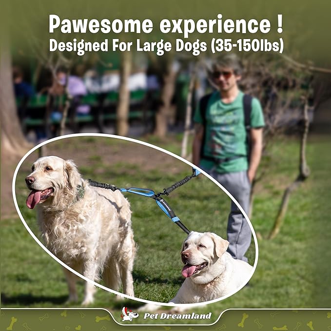 Pet Dreamland Exquisite Leash Coupler for Two Large Dogs with Tangle-Free Swivel. Dual Dog Attachment, Smooth Walks Guaranteed. You Will Absolutely Love This Amazing Gear for 2 Dogs (Grey & Blue)