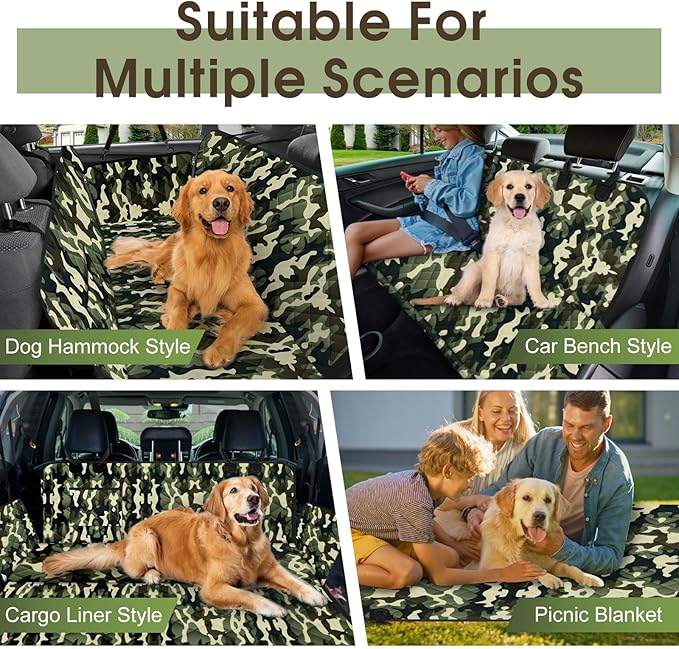 Waterproof Dog Car Seat Cover for Back Seat - Durable, Scratch Proof Pet Hammock with Nonslip Design & Storage Pockets, Fits Cars, SUVs, Trucks- S, Camouflage