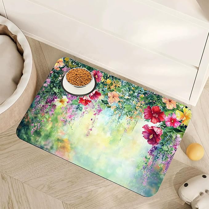 Abstract Spring Flowers Dog Food Mat for Floors,Blossom Ivy Colorful Absorbent Pet Food and Water Bowl Mats,Non-Slip Pet Feeding Mat,Pet Supplies 12" x 20"