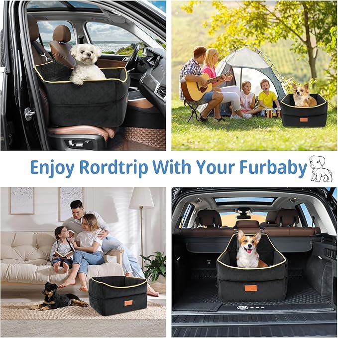 Dog Car Seat for Small Medium Dogs, Memory Foam Dog Booster Seat for Dogs 0-35 lbs, Anti-Slip Pet Seat with 2 Adjustable Leashes, Elevated Dog Travel Bed with Storage Pockets