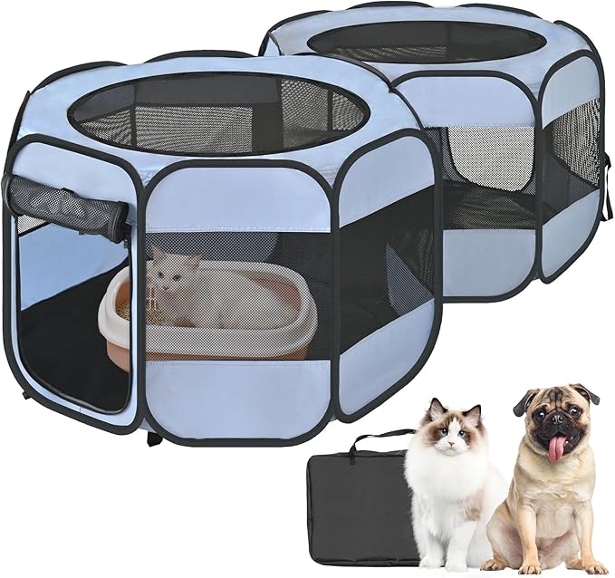 2-in-1 XLarge Pop Up Dog Playpen, Cat Puppy Pet Playpen, Indoor Outdoor Cats Enclosed, Cat Tent Crate Cage Kennel, Portable Playpen for Kitten and Small Animals(No Divider, Unified Space)