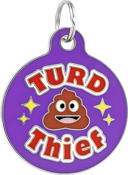 Bad Tags Personalized Dog & Cat ID Tags - Choose from 25+ Tag Designs - Free 5 Lines Custom Engraved - Unique, Cute, Funny, Sassy Pet Tag (Turd Thief, Large (1.25 inch))