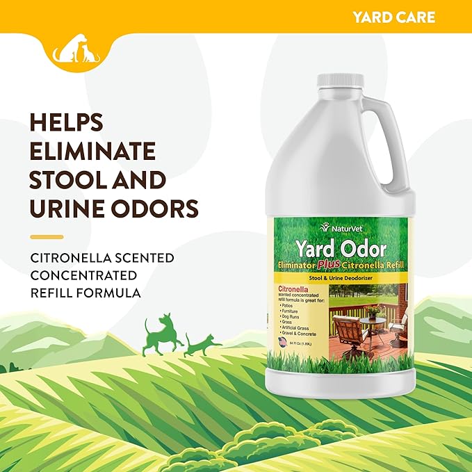 NaturVet – Yard Odor Eliminator Plus Citronella Spray – Eliminate Stool and Urine Odors from Lawn and Yard – Designed for Use on Grass, Patios, Gravel, Concrete & More – 64oz Refill (No Hose Nozzle)