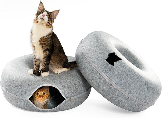 Cattasaurus Peekaboo Cat Cave Duo Jumbo Set, Extra Spacious Cat Donut for Multiple & Large Kitty 15+ lbs, Scratch Detachable Cat Beds for Indoor Cats, Washable Cat Tunnel Bed, Best Kitten Toys