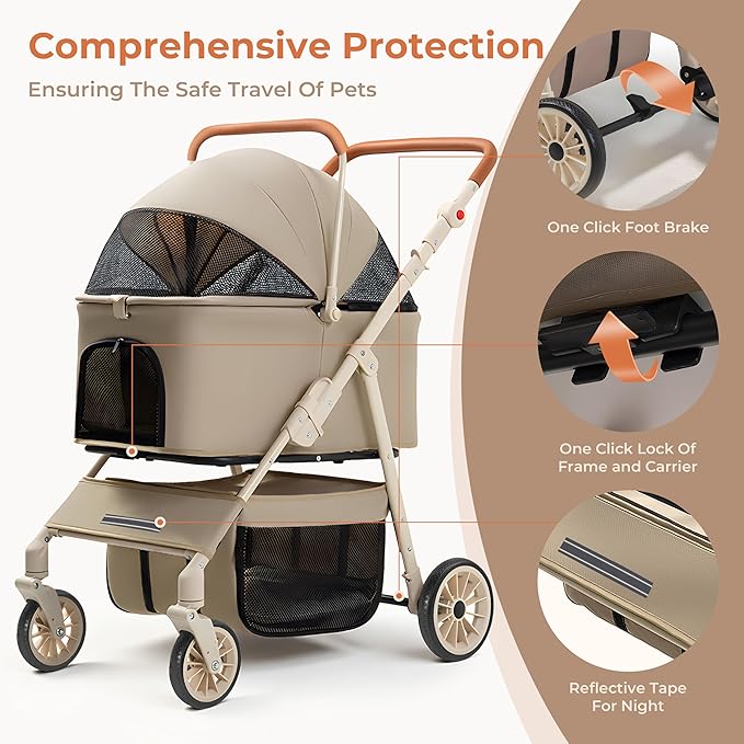 3 in 1 Pet Stroller with Removable Carrier, Foldable Pet Carrier for Small/Medium Dogs and Cats Up to 55 Lbs, 4 Wheels, Car Seat, One Click Folding Stroller for Travel & Outdoor