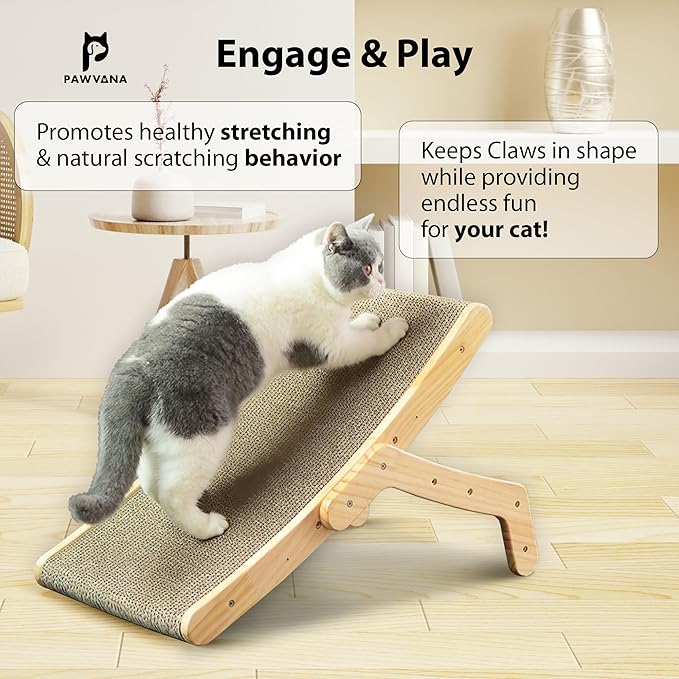 Cat Scratching Board, 3-Position Corrugated Cardboard Cat Scratcher & Lounger with Natural Wood Frame. Large Cats Scratch Pad & Bed for Kittens & Adults. Cat Enrichment & Furniture Protector