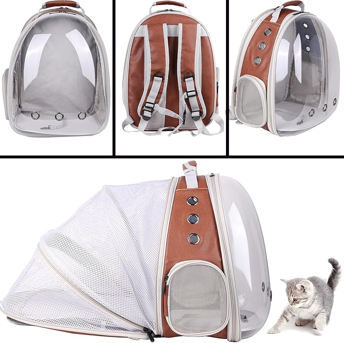 Back Expandable Cat Backpack Carrier, PU Leather Fit up to 12 lbs, Space Capsule Bubble Window Pet Carrier for Bunny Small Puppy, Backpack for Kitten