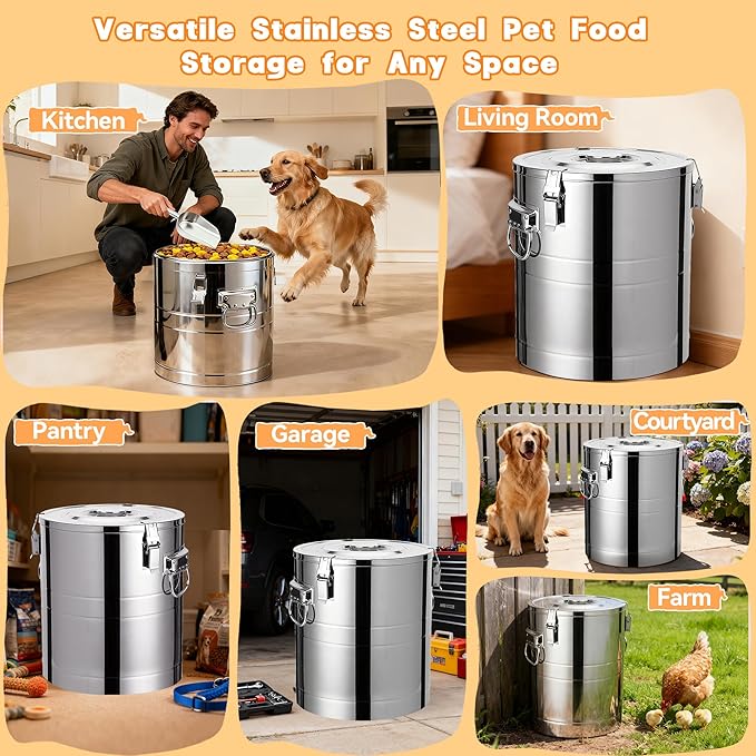 40lb Stainless Steel Dog Food Storage Container, Large Capacity Metal Pet Food Storage Container with Scoop, Airtight Dog & Cat Food Treat Bin for Dry Food Keep Fresh for Multi-Pet Households
