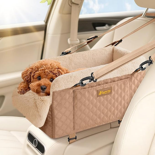 QUMY Dog Car Seats for Small Dogs Up to 11lbs, Portable Center Console Dog Booster Seat, Multi-Purpose Puppy CarSeat with Adjustable Safety Belt, Travel Pet Car Carriers for Small Dogs and Cat, Khaki
