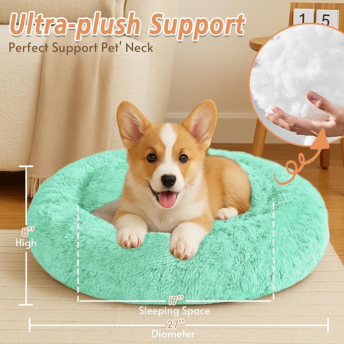 JOLLYVOGUE Calming Dog Bed Medium Size Dog, Anti-Anxiety Donut Medium Pet Bed, 27 inches Fluffy Faux Fur Round Cat Bed (Mint Green)