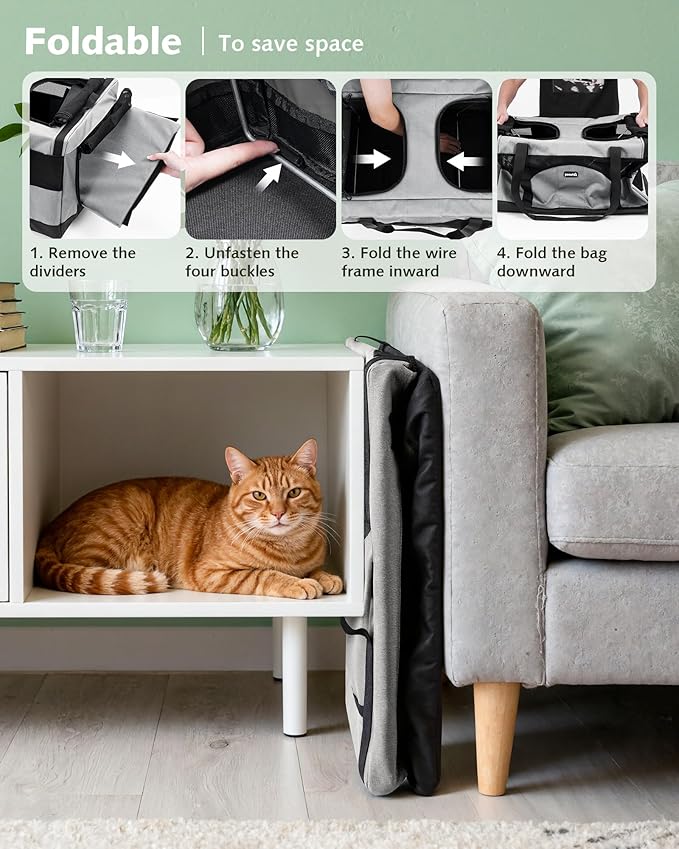 Pecute Cat Carrier for 2 Cats,Dual Cabin Multi Cat Travel Carrier with Removable Divider and Sturdy Frame,Collapsible,Soft,can Hold 20lbs+ for 2 Small Kitten,Medium Dog,Extra Large for Travel,Gray