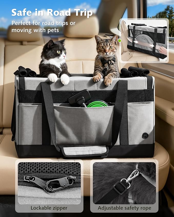 Pecute Cat Carrier for 2 Cats,Dual Cabin Multi Cat Travel Carrier with Removable Divider and Sturdy Frame,Collapsible,Soft,can Hold 20lbs+ for 2 Small Kitten,Medium Dog,Extra Large for Travel,Gray