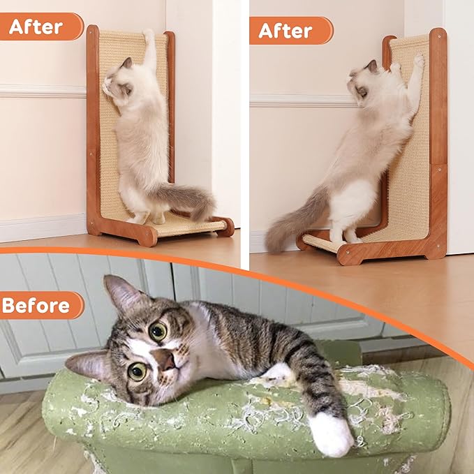 Large Cat Scratching Post for Indoor Cats,26.8'' Solid Wood Frame Natural Sisal L Shape Cat Scratch Pad, Vertical Cat Scratcher,Cat Scratching Board Cat Scratch Post,Perfect Cat Furniture