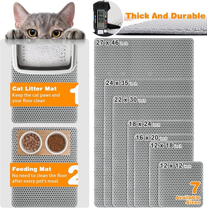 Waterproof Cat Litter Mat, Double Layer EVA, Odor-Free Large Grid, Urine Proof, Easy Cleanup (Gray, 12 x 12)