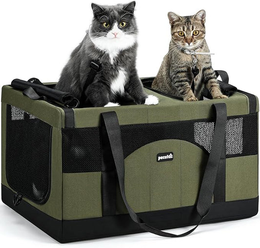Pecute Cat Carrier for 2 Cats,Dual Cabin Multi Cat Travel Carrier with Removable Divider and Sturdy Frame,Collapsible,Soft,can Hold 20lbs+ for 2 Small Kitten,Medium Dog,Extra Large for Travel,Green