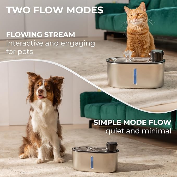 Wireless Cat Water Fountain Stainless Steel 108oz/3.2L, Cordless, Battery Operated Cat Fountain (Last up to 50 Days), Ultra Quiet, 2 Flow Modes, Multi-Filtration, BPA Free, Includes 2 Filters - Creamy