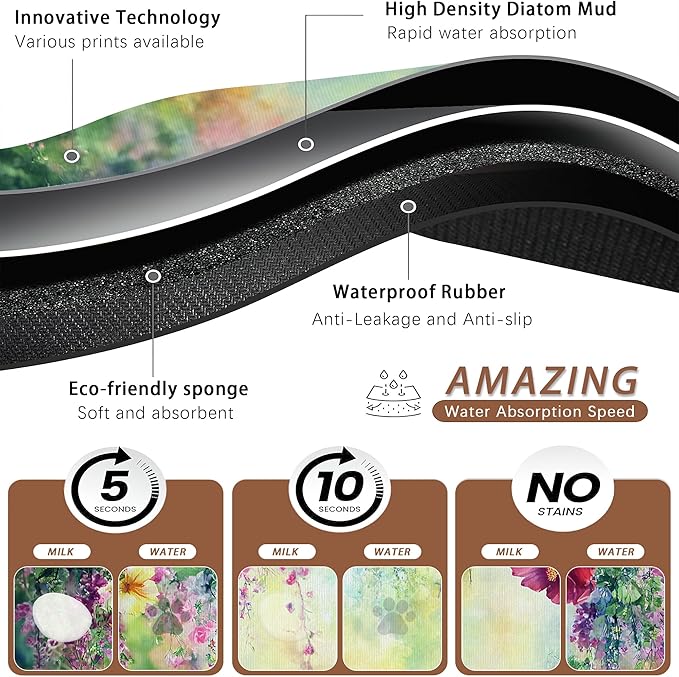 Abstract Spring Flowers Dog Food Mat for Floors,Blossom Ivy Colorful Absorbent Pet Food and Water Bowl Mats,Non-Slip Pet Feeding Mat,Pet Supplies 12" x 20"